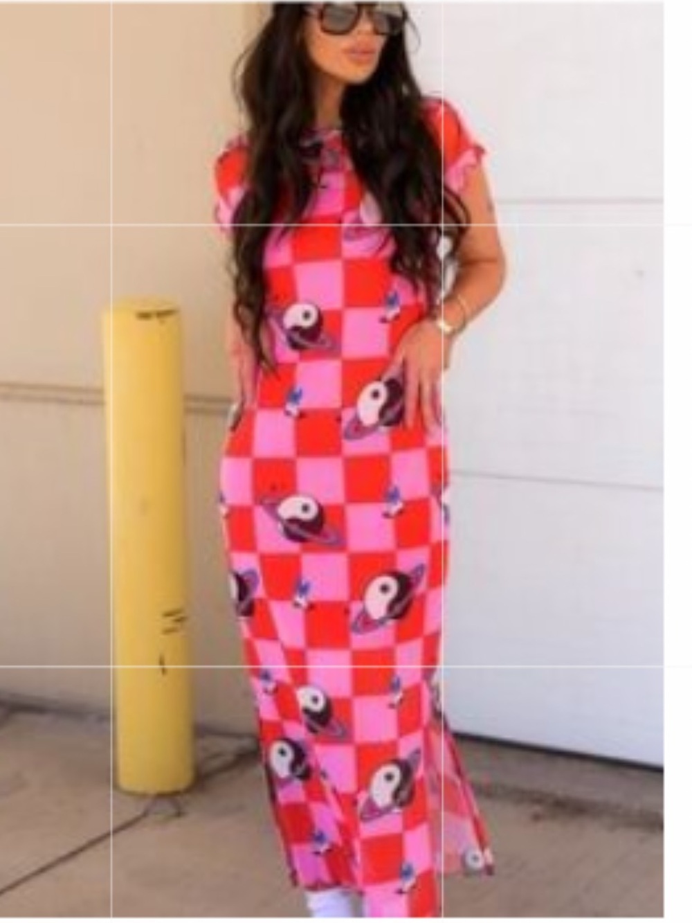 Dressed in lala dress Pink Checkered Maxi Dress with Space Yin-Yang Print